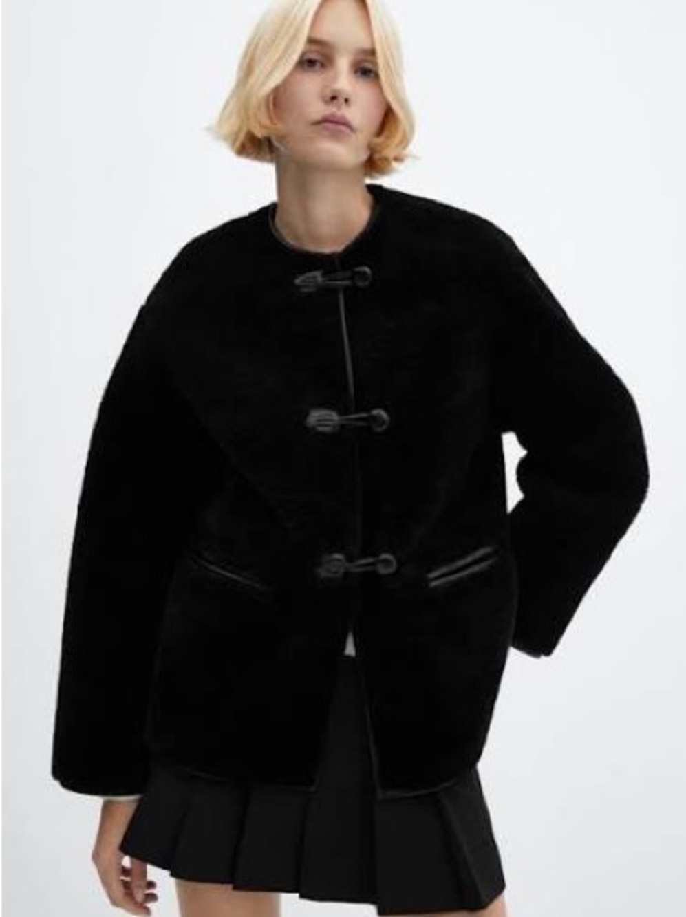 Mango Black Faux-Shearling Toggle Coat XS